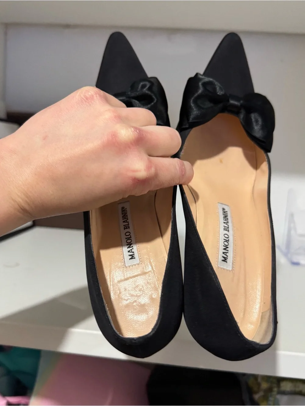 Manolo Blahnik Black Satin Bow Pointed Pumps